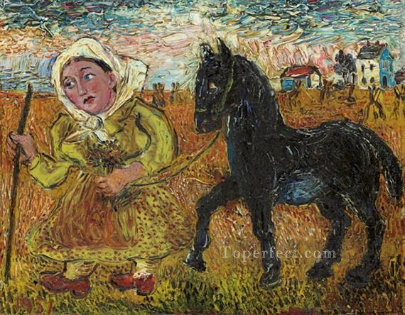 Mujer con vestido amarillo con caballo negro 1951 Ruso Pintura al óleo